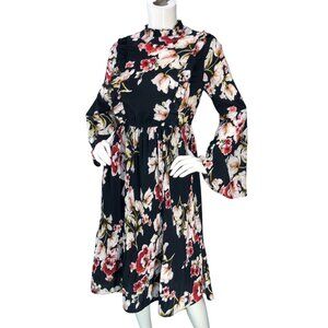 Lulus Dress Womens XS Floral High Neck Ruffle Pleated Bell Sleeve Midi Fit Flare